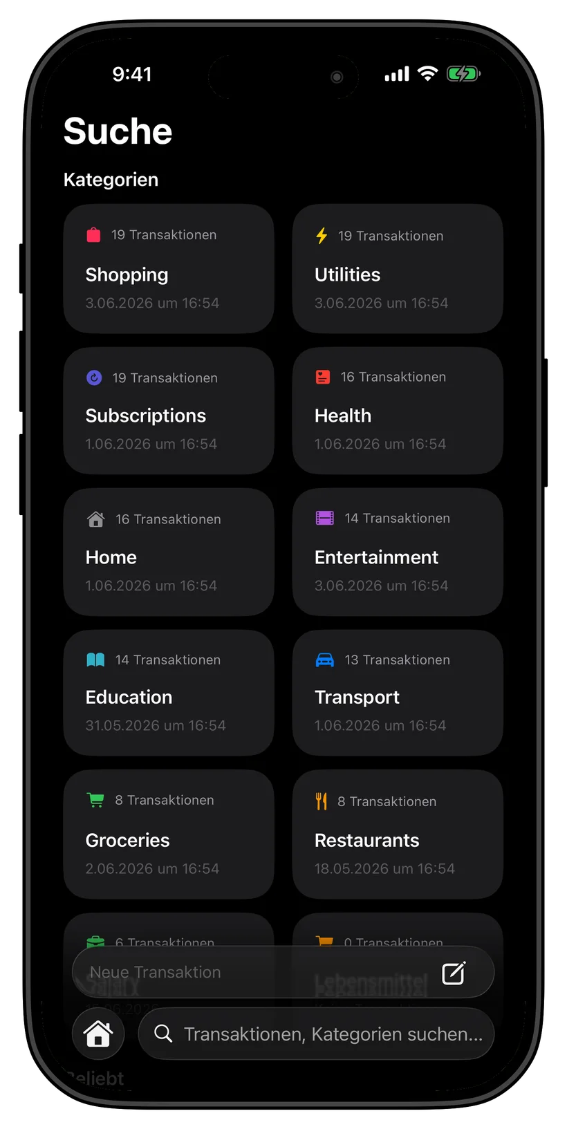 Thrust spending categories screen