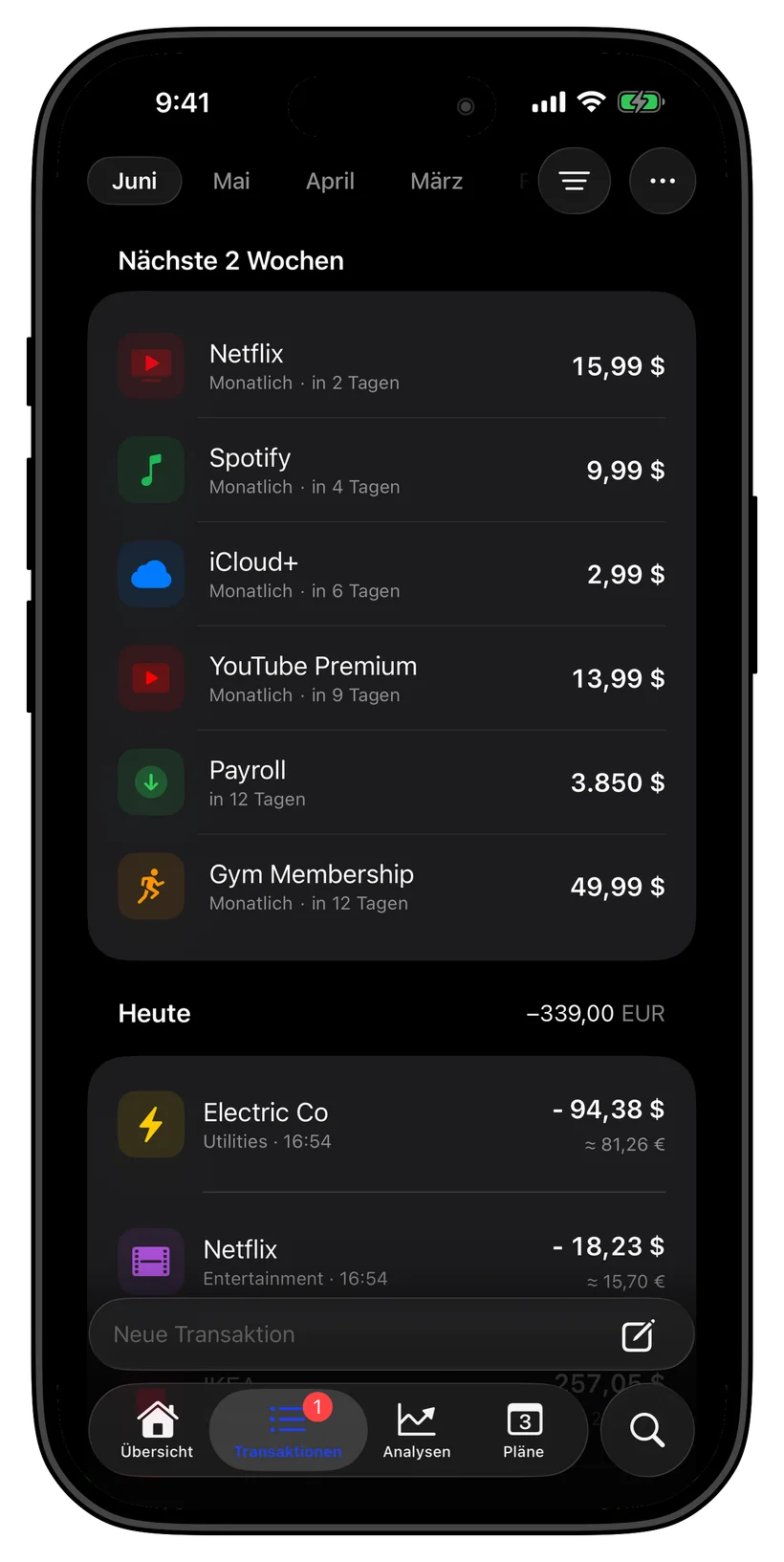 Thrust transactions and upcoming payments screen