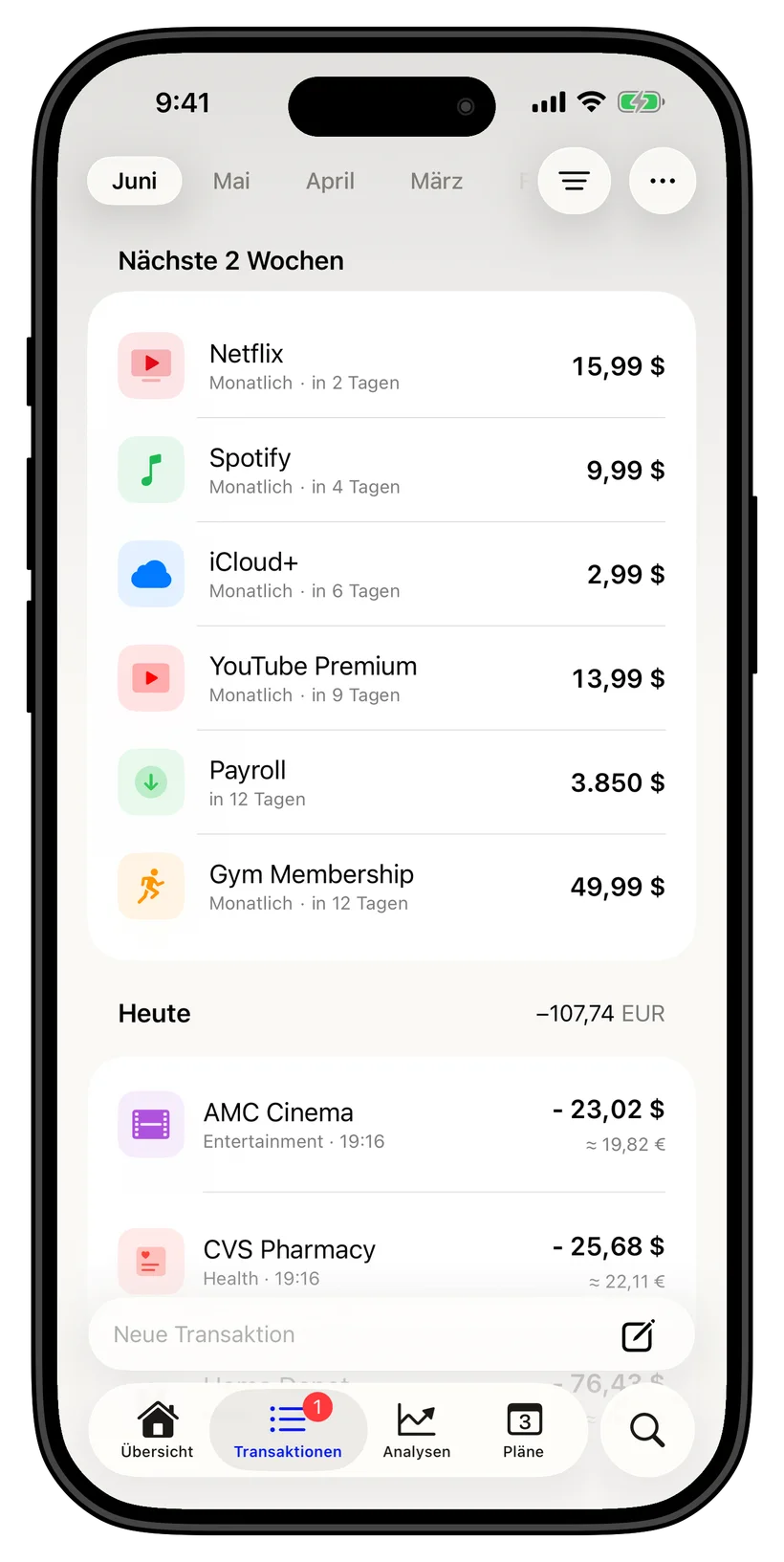Thrust transactions and upcoming payments screen