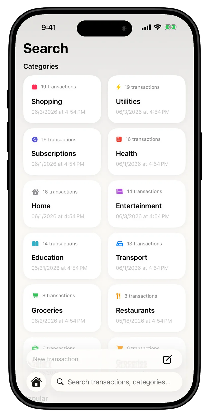 Thrust spending categories screen