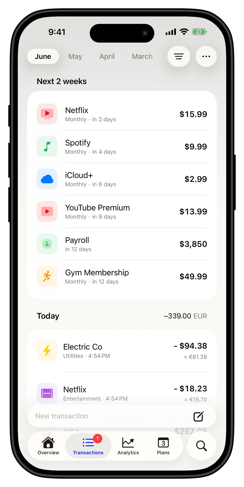 Thrust transactions and upcoming payments screen