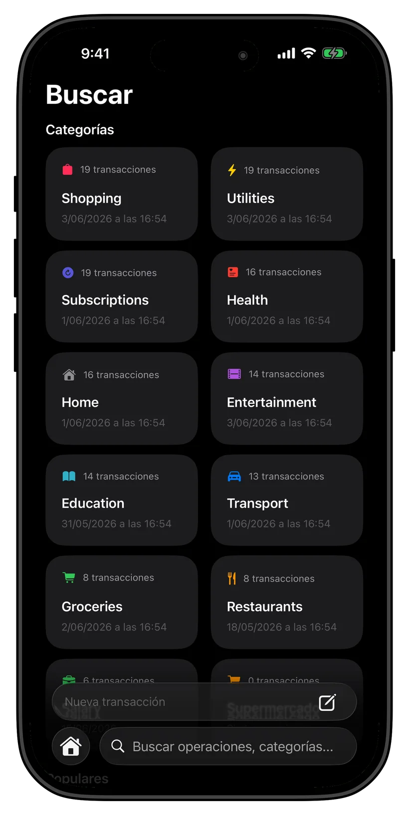 Thrust spending categories screen
