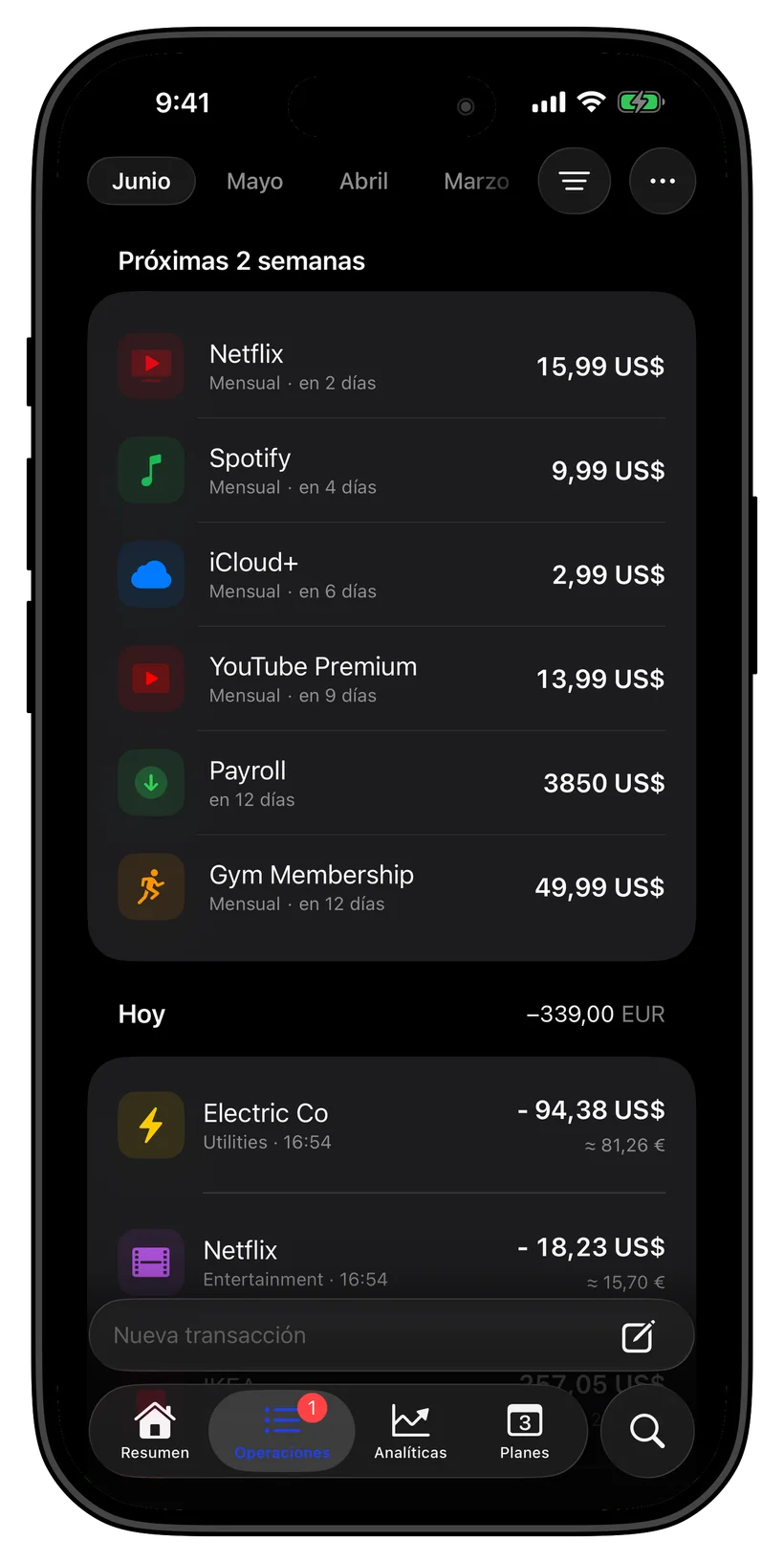 Thrust transactions and upcoming payments screen