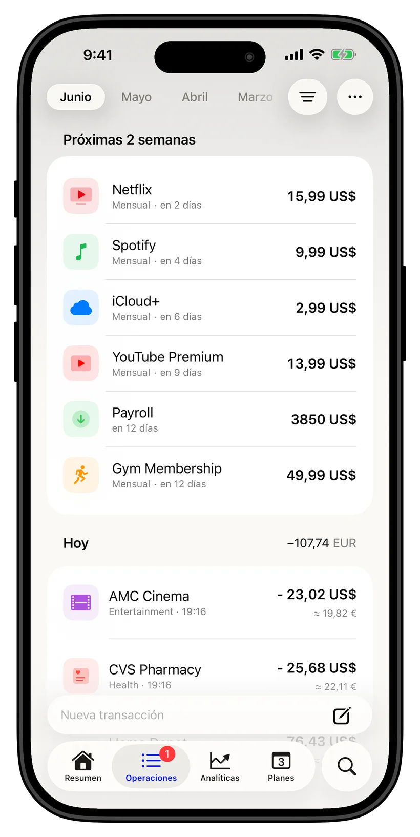 Thrust transactions and upcoming payments screen