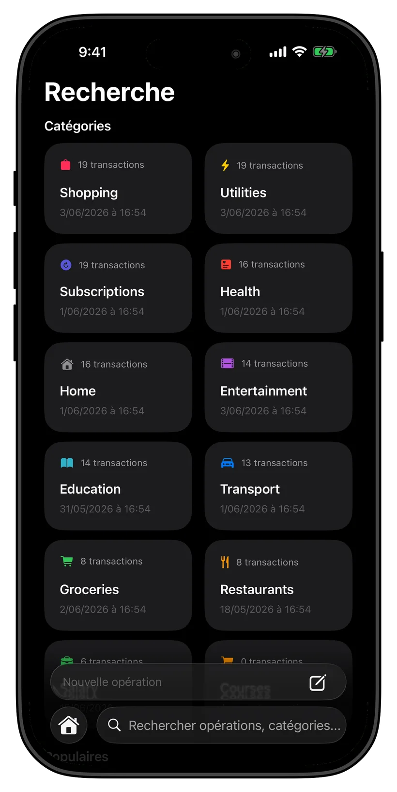 Thrust spending categories screen