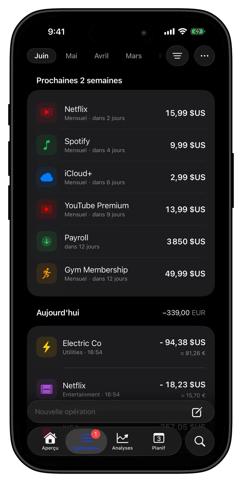 Thrust transactions and upcoming payments screen