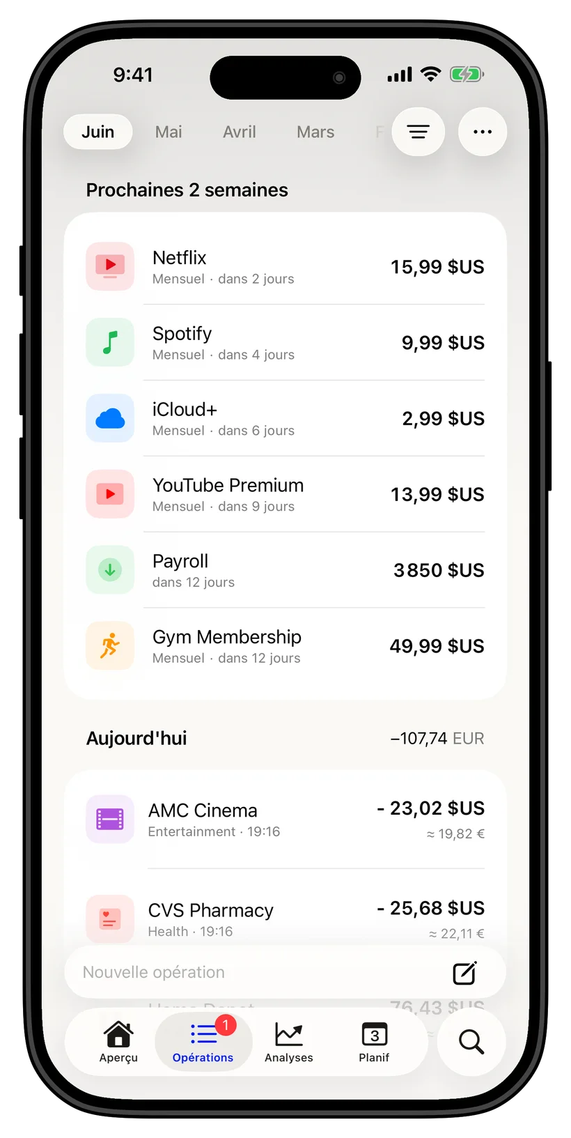 Thrust transactions and upcoming payments screen