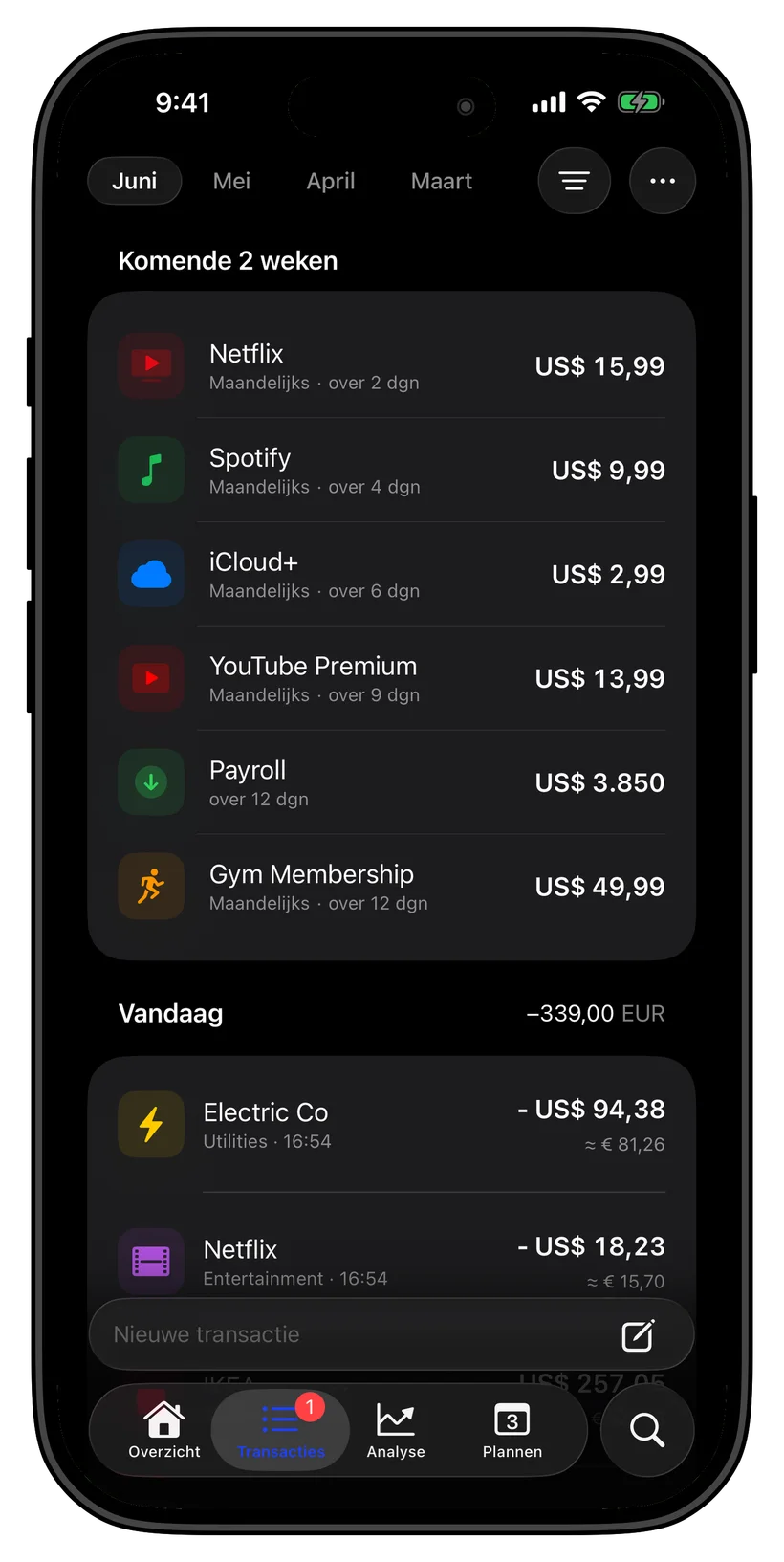 Thrust transactions and upcoming payments screen
