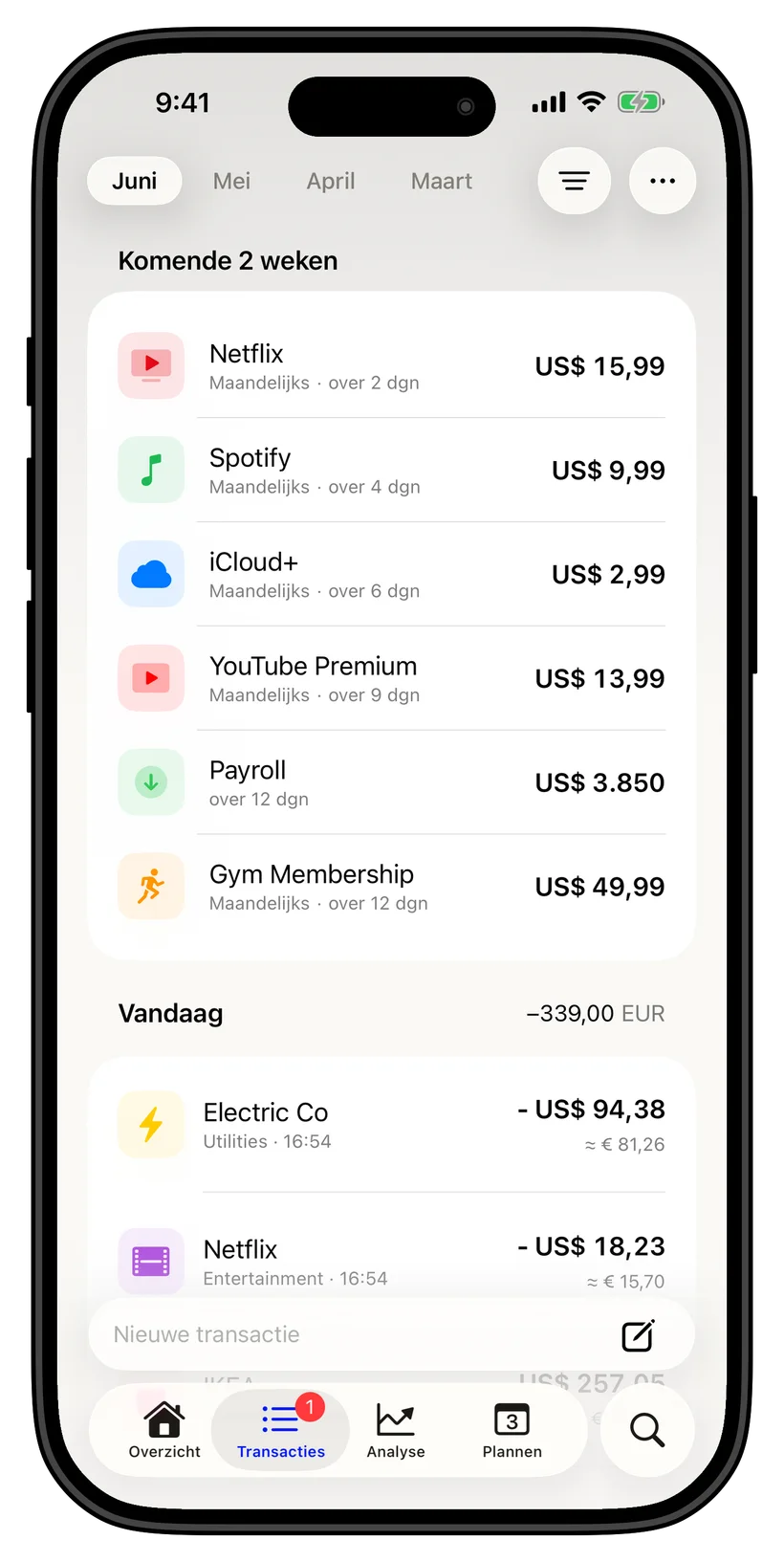 Thrust transactions and upcoming payments screen