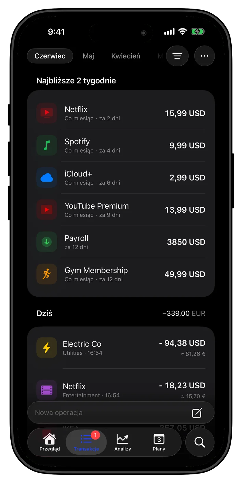 Thrust transactions and upcoming payments screen