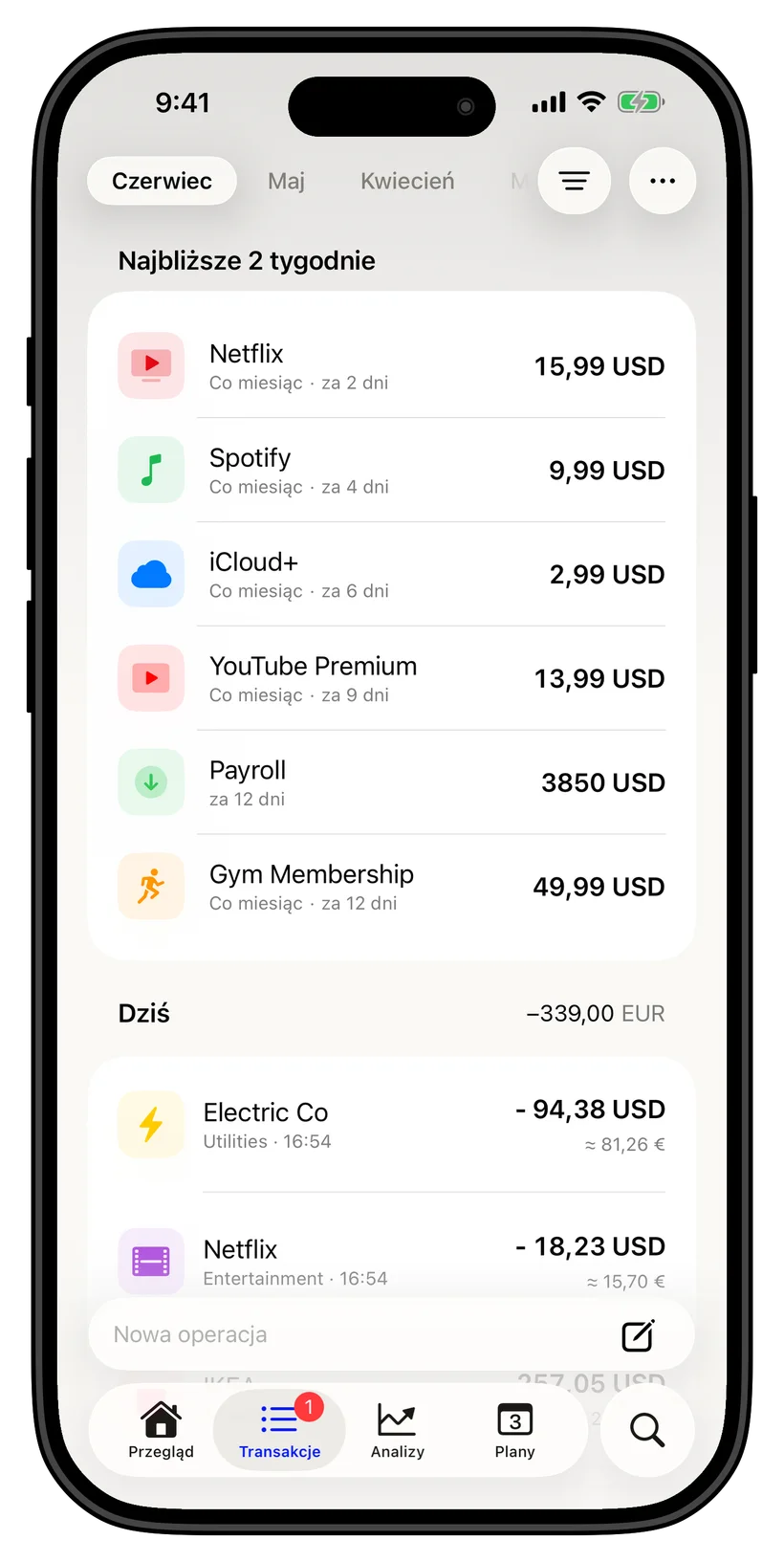 Thrust transactions and upcoming payments screen