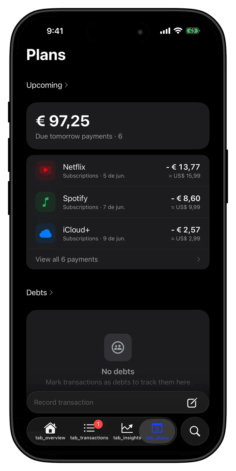Thrust subscriptions on the home screen