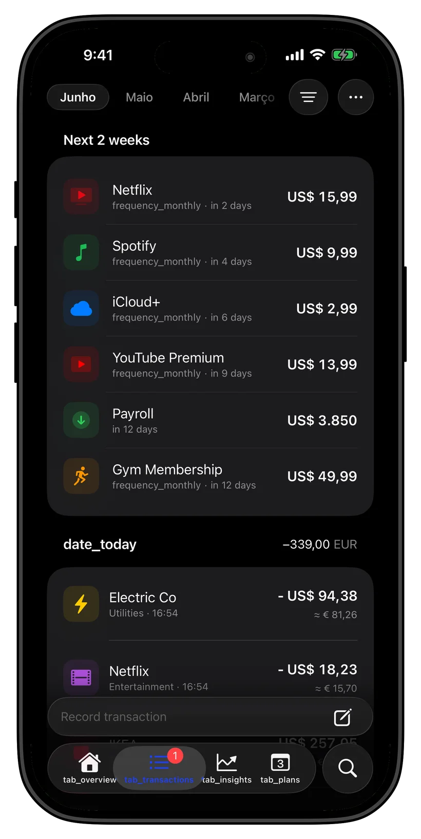 Thrust transactions and upcoming payments screen